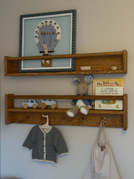 Joinery Solid Oak Nursery Shelf Set with Rail and Peg Hooks