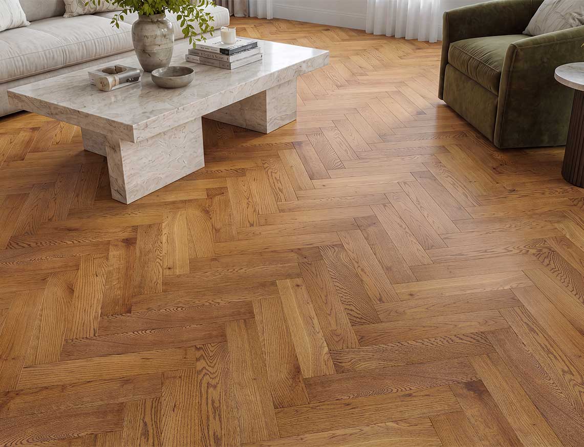 Fitzroy Oak Smoked Brushed Herringbone Solid Wood Flooring | UV Oiled | 70 x 350 x 18mm