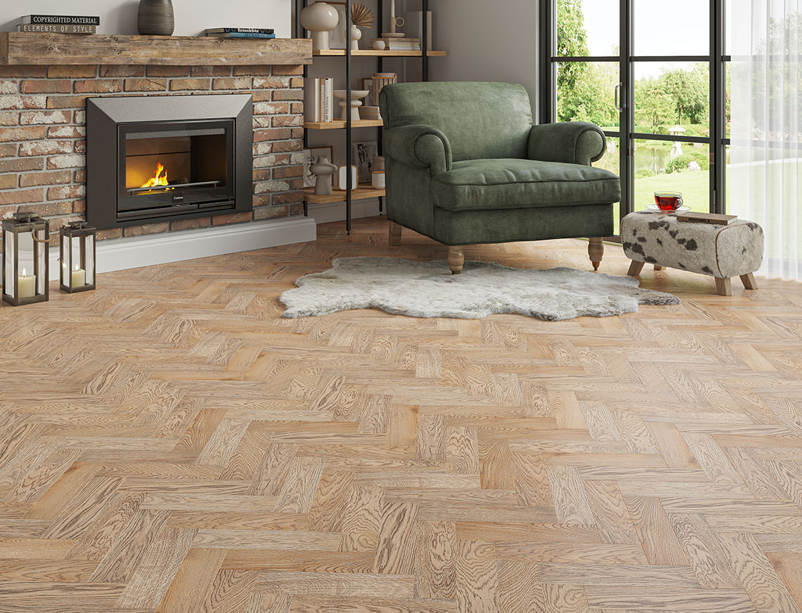 Hazlehead Oak Smoked Brushed Herringbone Engineered Wood Flooring | UV Oiled | 90 x 400 x 15/4mm
