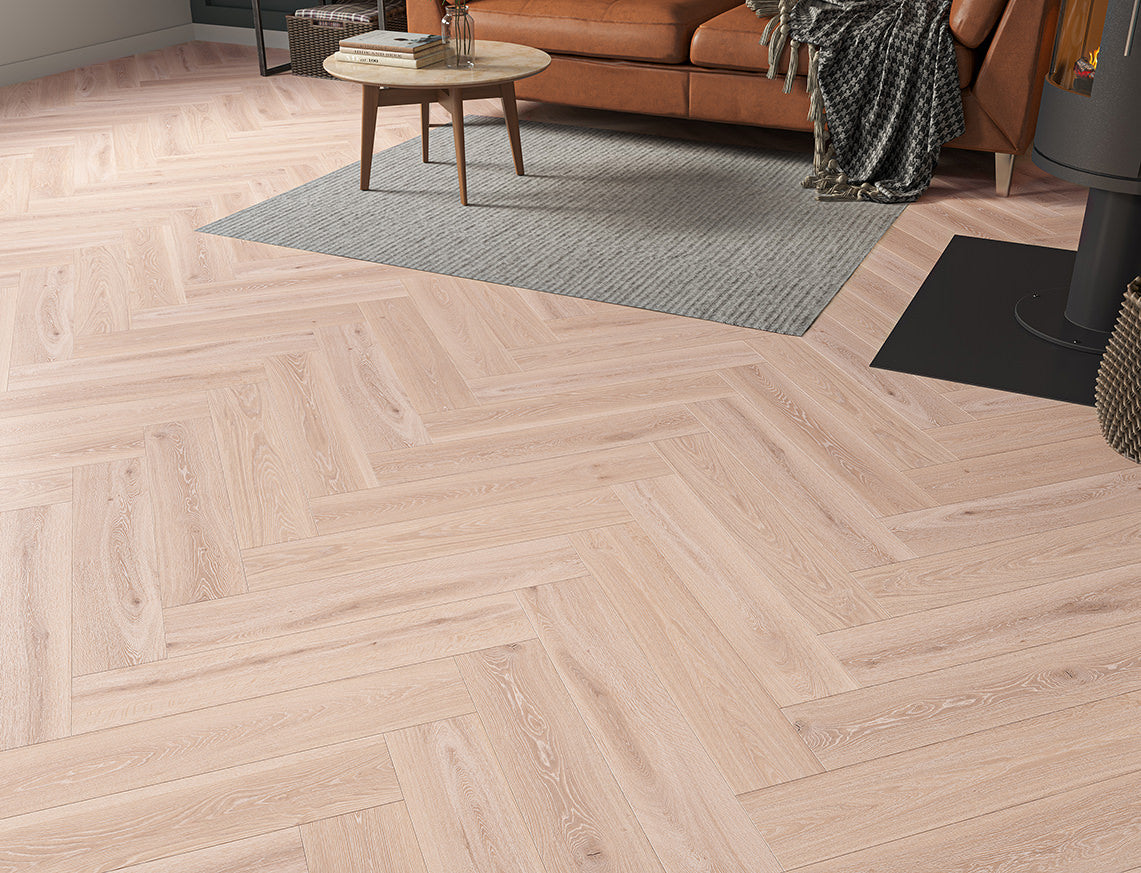 Luskentyre Oak Whitewashed Brushed Oak Herringbone LVT Flooring | 127 x 635 x 8/0.17mm