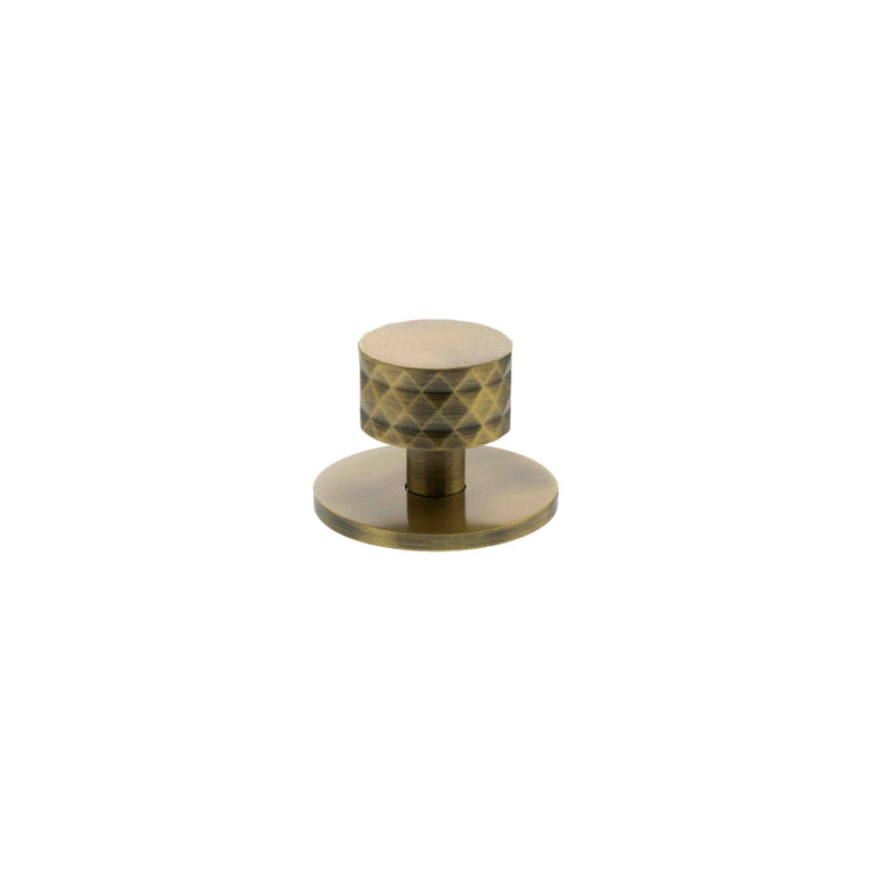 Millhouse Brass Chrysler Diamond Round Cabinet Knob Handle on Backplate - Antique Brass