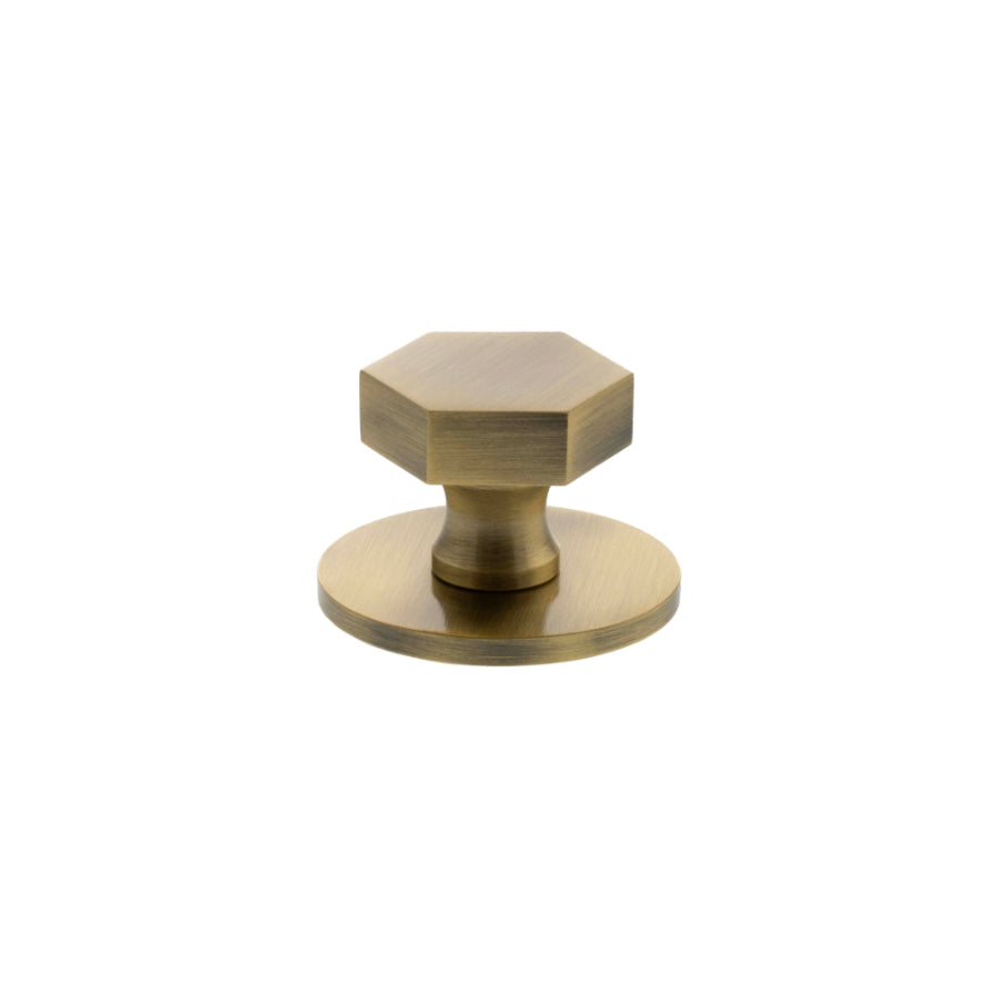 Millhouse Brass Pennington Hexagonal Cabinet Knob Handle on Backplate - Antique Brass