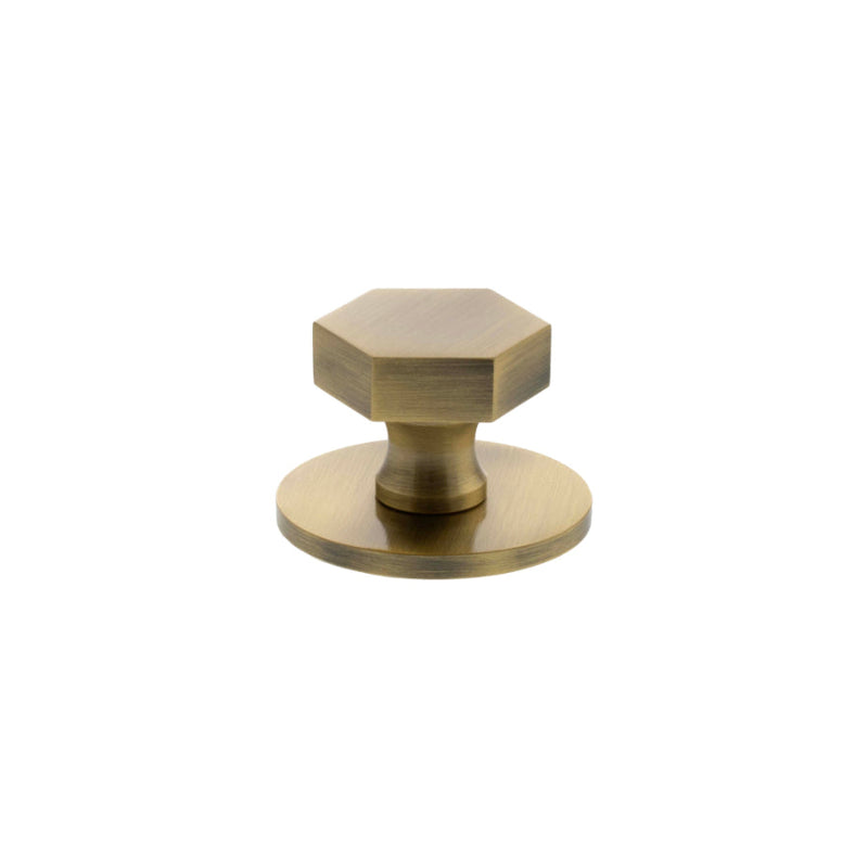Millhouse Brass Pennington Hexagonal Cabinet Knob Handle on Backplate - Antique Brass
