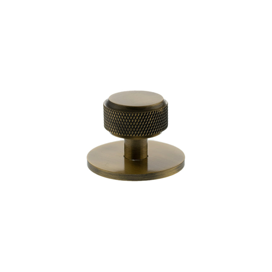 Millhouse Brass Eiffel Knurled Round Cabinet Knob Handle on Backplate - Antique Brass