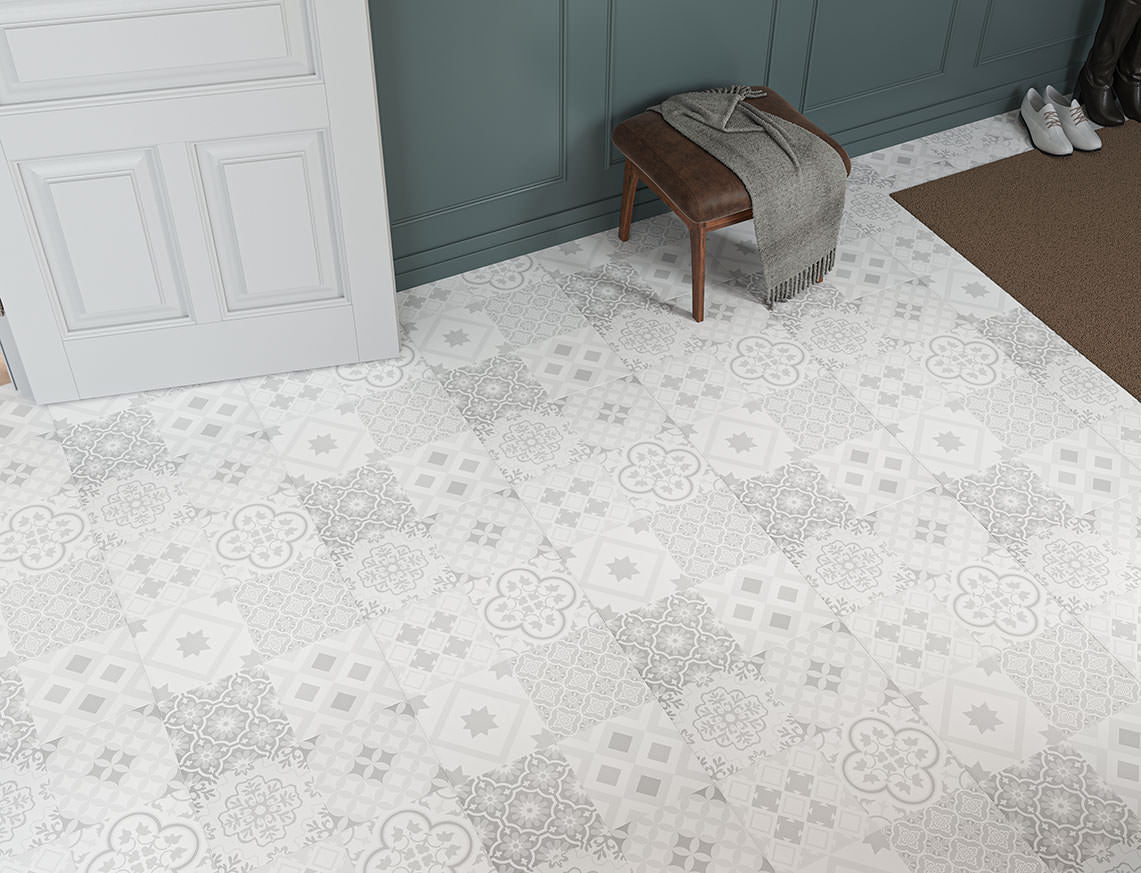 Monarch 8mm Kettlewell Grey & White Textured Victorian Tile Laminate Flooring | 405 x 805 x 8mm