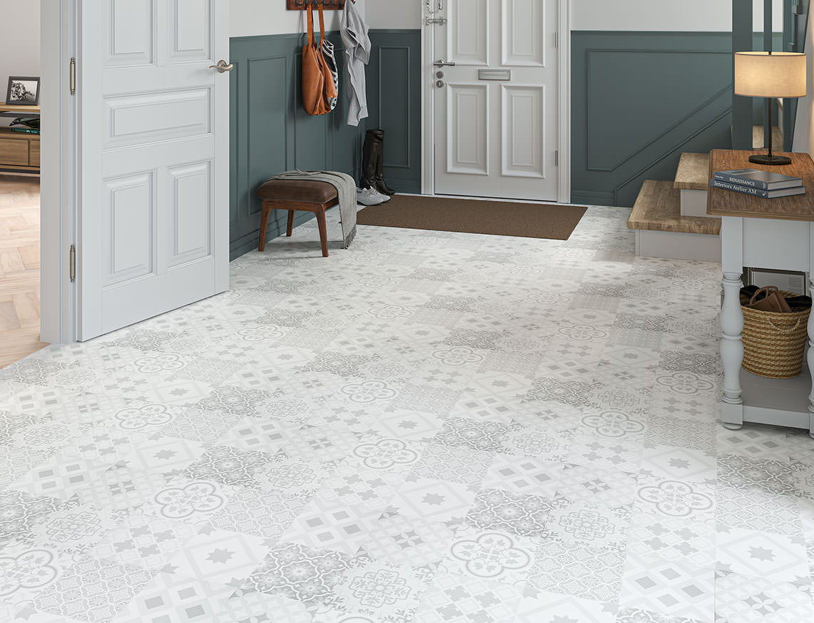 Monarch 8mm Kettlewell Grey & White Textured Victorian Tile Laminate Flooring | 405 x 805 x 8mm