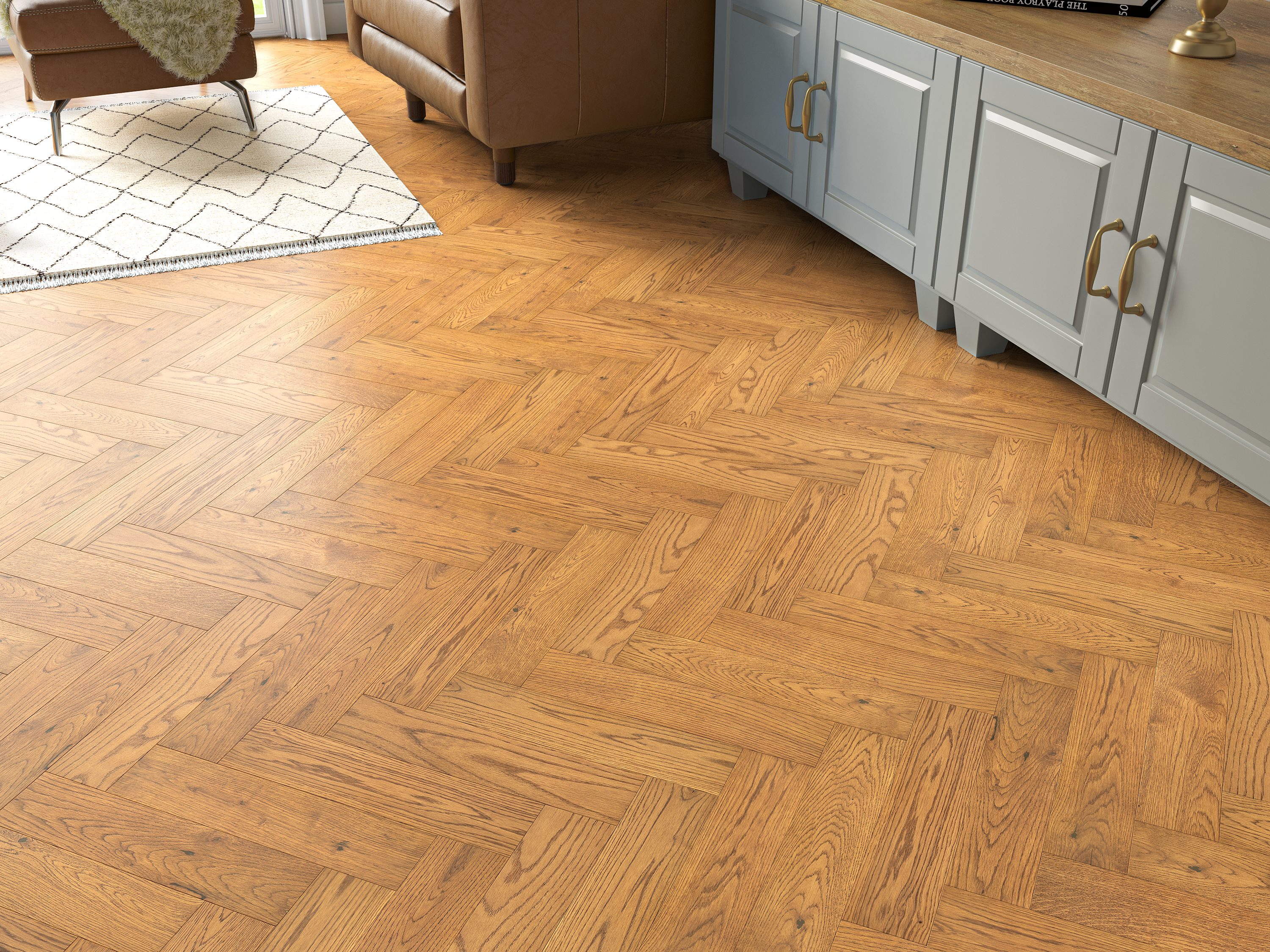 Moors Oak Golden Brushed Herringbone Engineered Wood Flooring | UV Oiled | 80 x 350 x 20/6mm