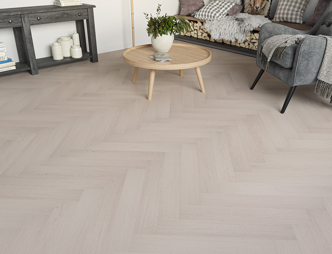 Oakleigh 8mm Malham Light Grey Textured Herringbone Laminate Flooring | 100 x 600 x 8mm
