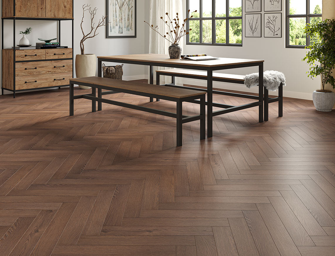 Oakleigh 8mm Romsey Dark Chocolate Textured Herringbone Laminate Flooring | 100 x 600 x 8mm