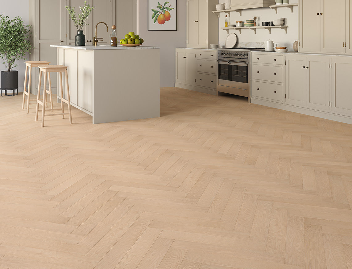 Oakleigh Deluxe 12mm Kingham Natural Honey Textured Herringbone Laminate Flooring | 100 x 600 x 12mm