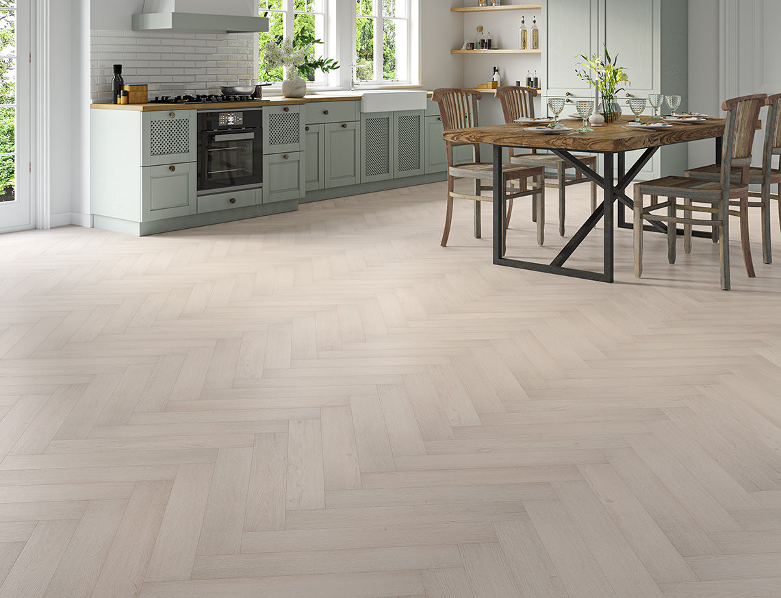 Oakleigh Deluxe 12mm Malham Light Grey Textured Herringbone Laminate Flooring | 100 x 600 x 12mm