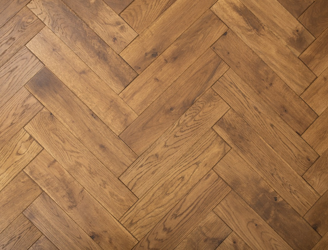 Russell Oak Smoked Brushed Herringbone Solid Wood Flooring | UV Oiled | 90 x 400 x 18mm