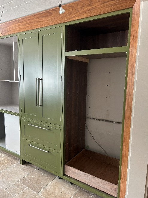 BTK In-frame Wardrobe Green Doors with Walnut Interior (Walnut framing)