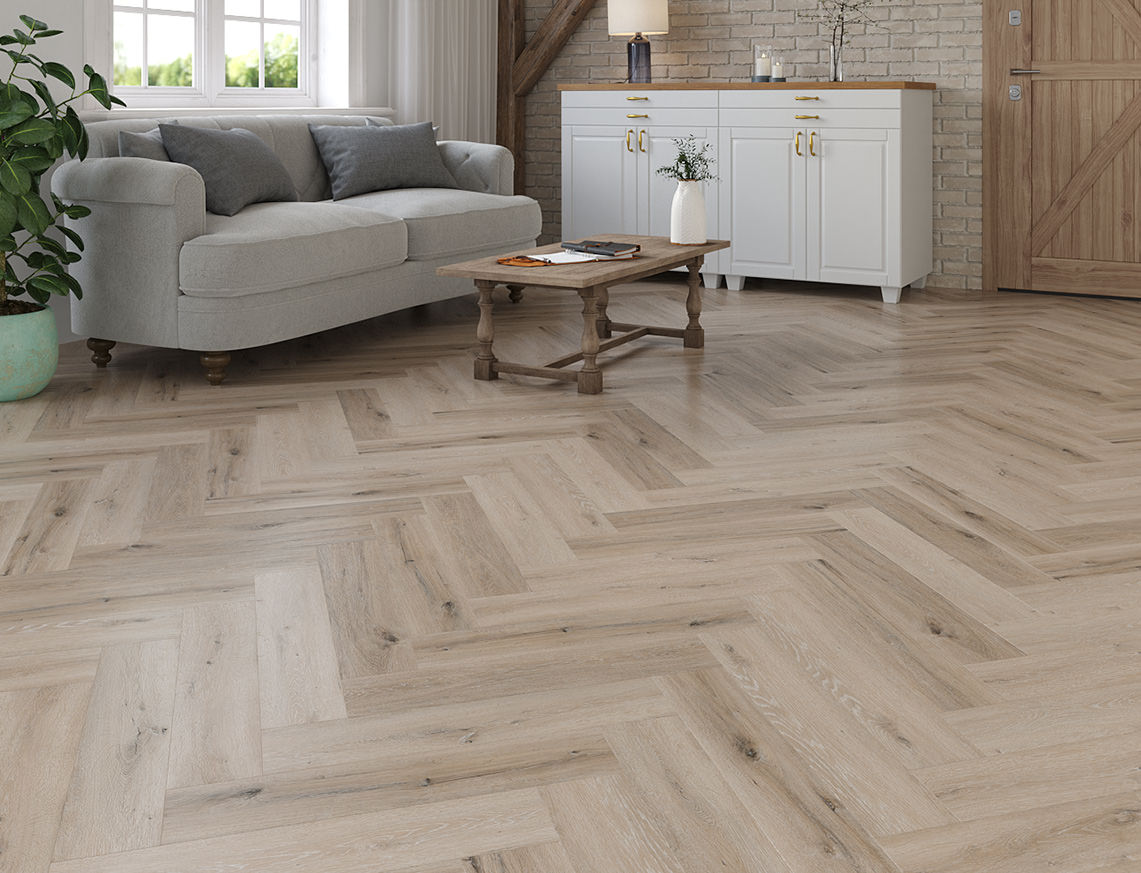 Studland Oak Whitewashed Grey Oak Herringbone LVT Flooring | 128 x 615 x 5/0.5mm
