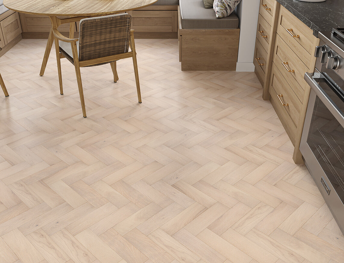 Whinfell Oak White Brushed Herringbone Engineered Wood Flooring | UV Lacquered | 90 x 300 x 14/3mm