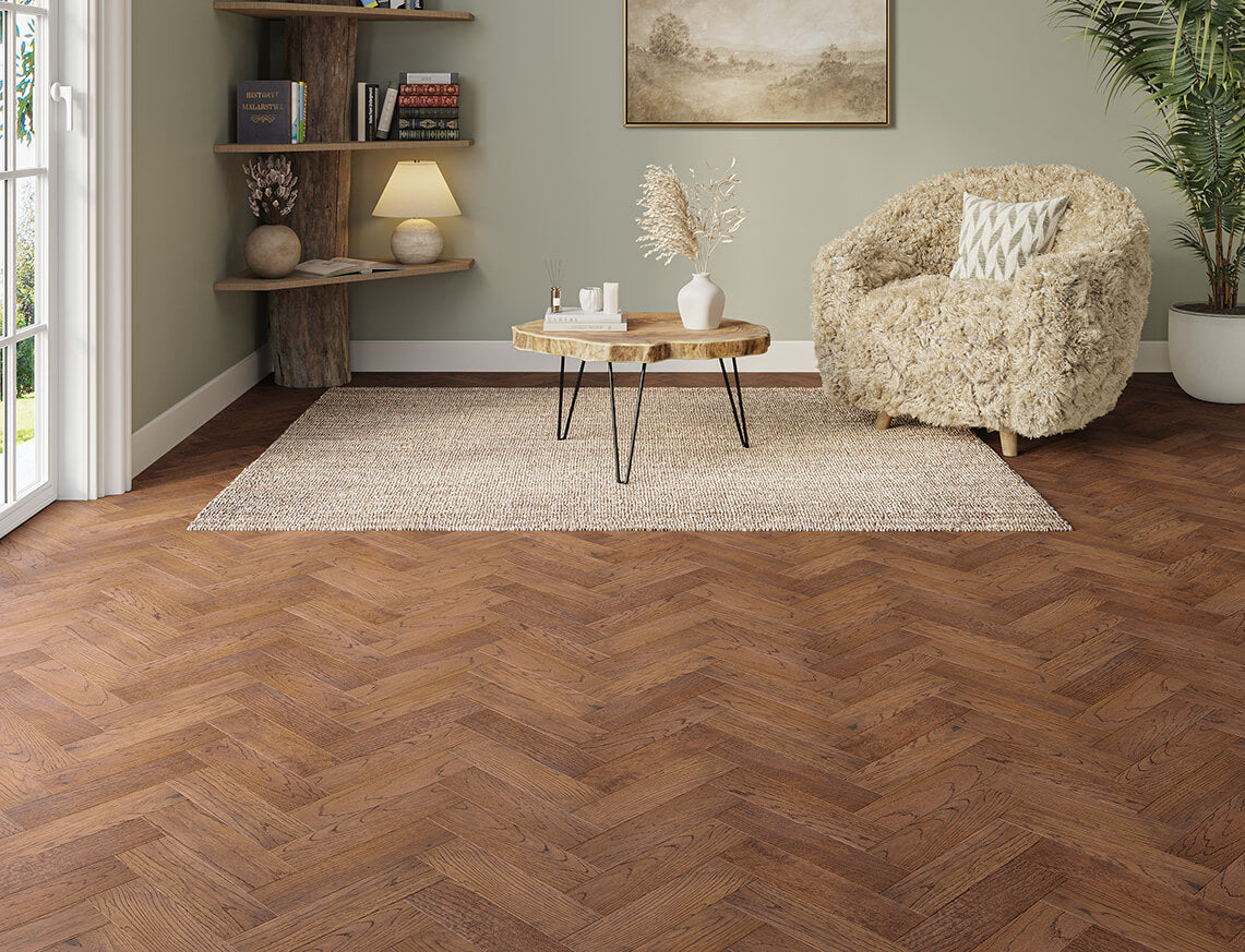 Windsor Oak Dark Golden Brushed Herringbone Engineered Wood Flooring | UV Lacquered | 80 x 300 x 10/3mm