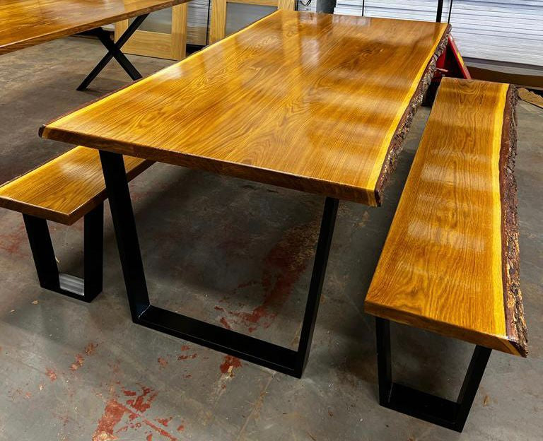 Joinery Solid Oak High Gloss Live Edge Table and Bench Set - 2000mm x 1000mm