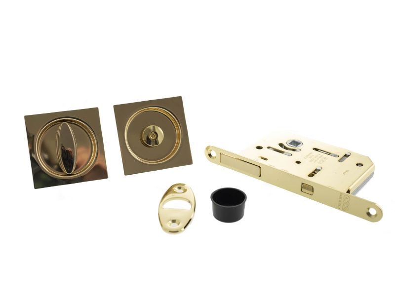 Atlantic AGB Sliding Door Bathroom Lock Set with Square Flush Handle - Polished Brass