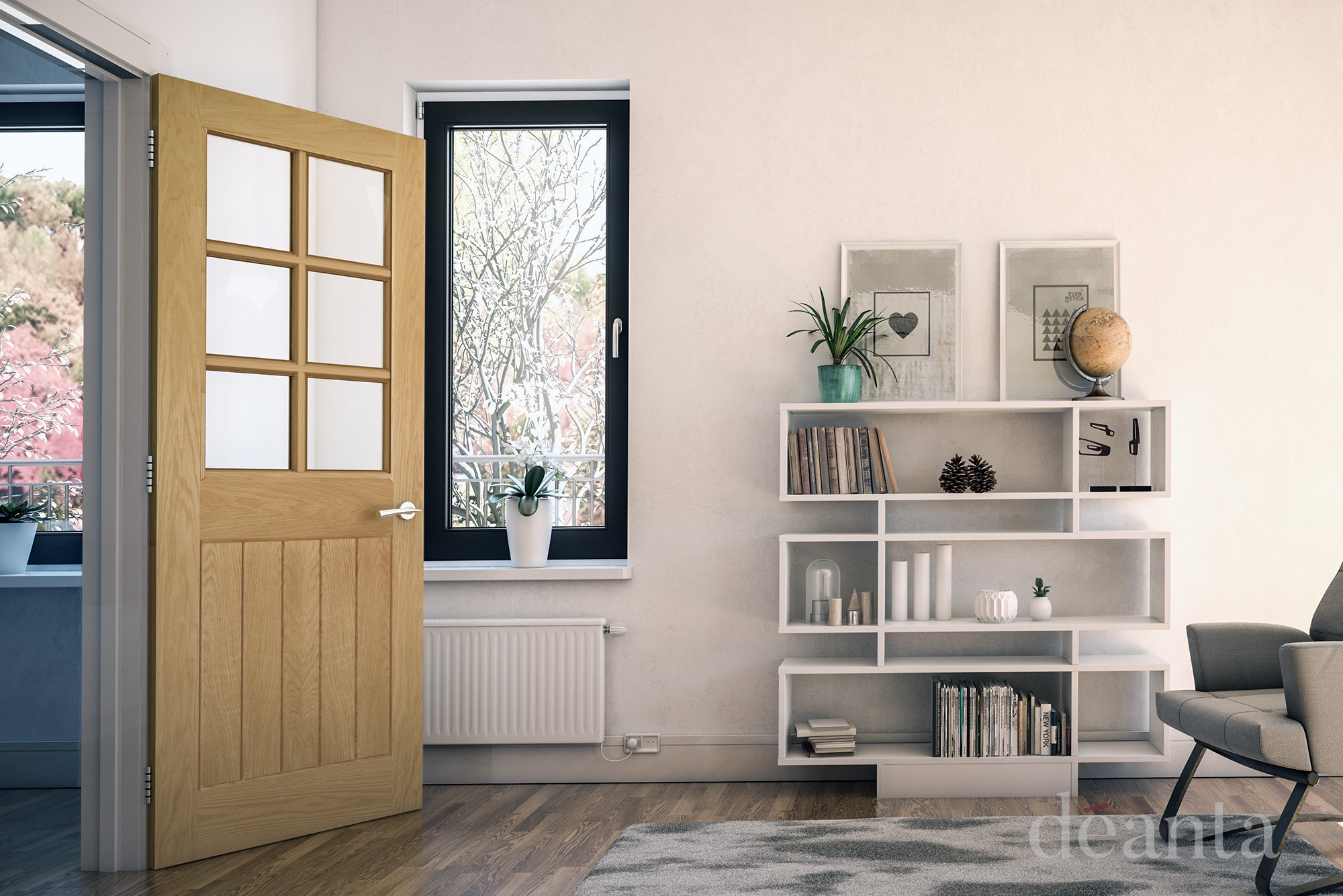 Pre-Assembled Oak Ely 6L Glazed Pre-finished Door Set FSC