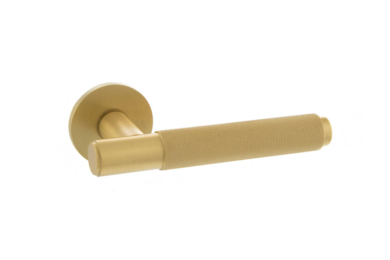 Atlantic Crompton Designer Lever on 5mm Slimline Round Rose - Satin Brass - Door Supplies Online