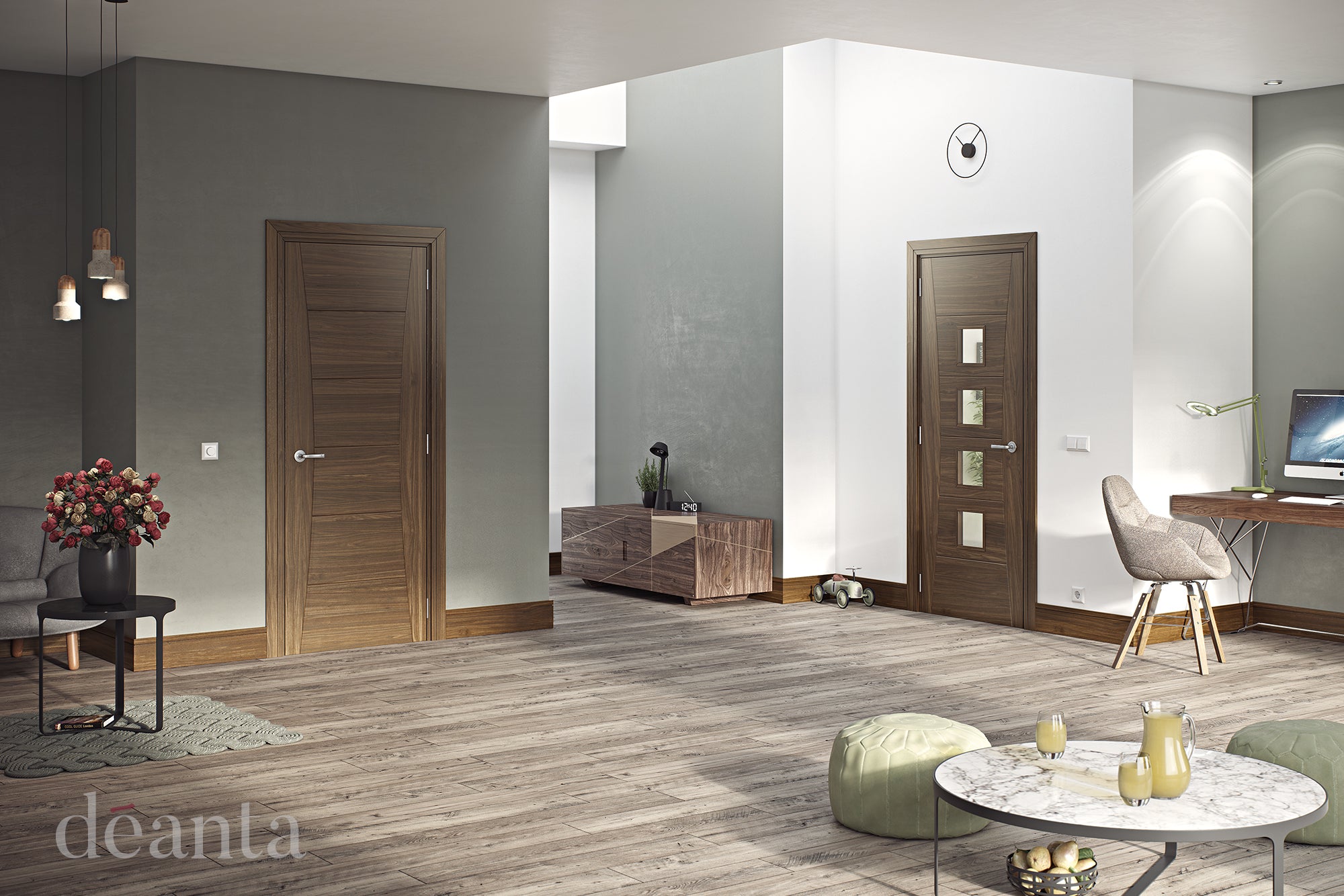 Pre-Assembled Walnut Pamplona Glazed Fire Door Set Pre-finished FSC