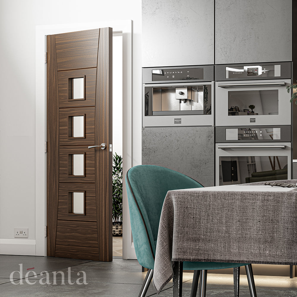 Pre-Assembled Walnut Pamplona Glazed Fire Door Set Pre-finished FSC