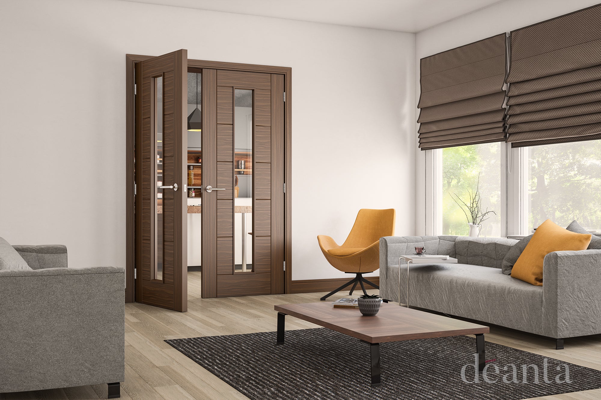 Pre-Assembled Walnut Seville Glazed Fire Door Set Pre-finished FSC