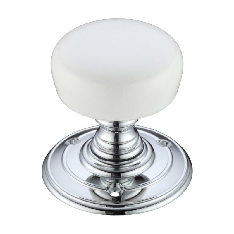 Zoo Porcelain Mortice Knob on Round Rose - Plain White - Face Fix-Polished Chrome