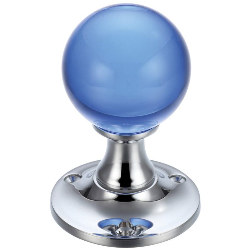 Zoo Glass Ball Mortice Knob - Plain Blue - 50mm -Polished Brass