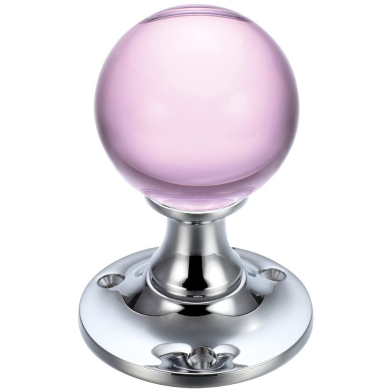 Zoo Glass Ball Mortice Knob - Plain Pink - 50mm -Polished Chrome / Pink Glass