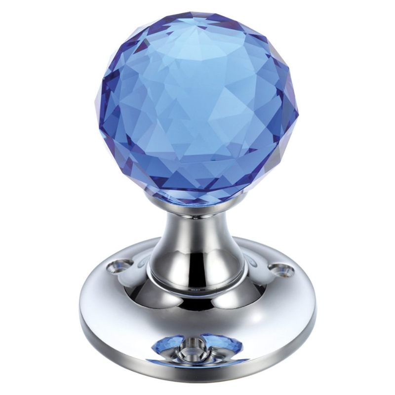 Zoo Glass Ball Mortice Knob - Facetted Blue - 50mm -Polished Brass